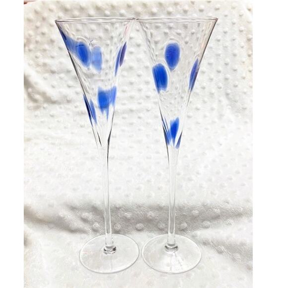 Crystal Hand-Blown Champagne Flutes w/Cobalt Blue Confetti Spots - Picture 3 of 6